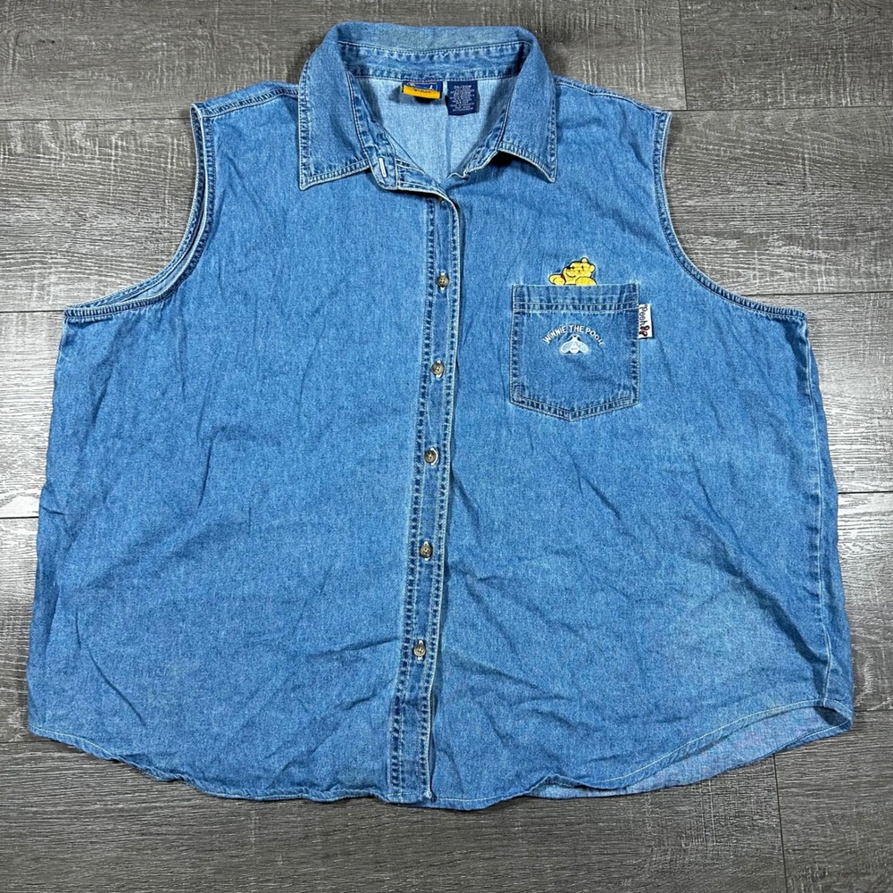 VTG‎ Y2k Disney Winnie the Pooh Denim Sleeveless Shirt Top Woman 26 28W Blue